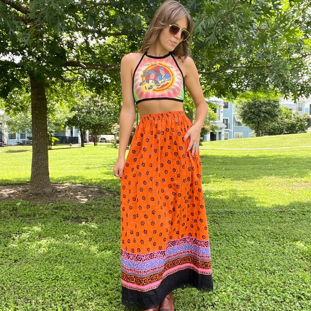 Vintage 70s Gilead Orange Floral Maxi Skirt, Lace Trim Bohemian Cottage XS-M